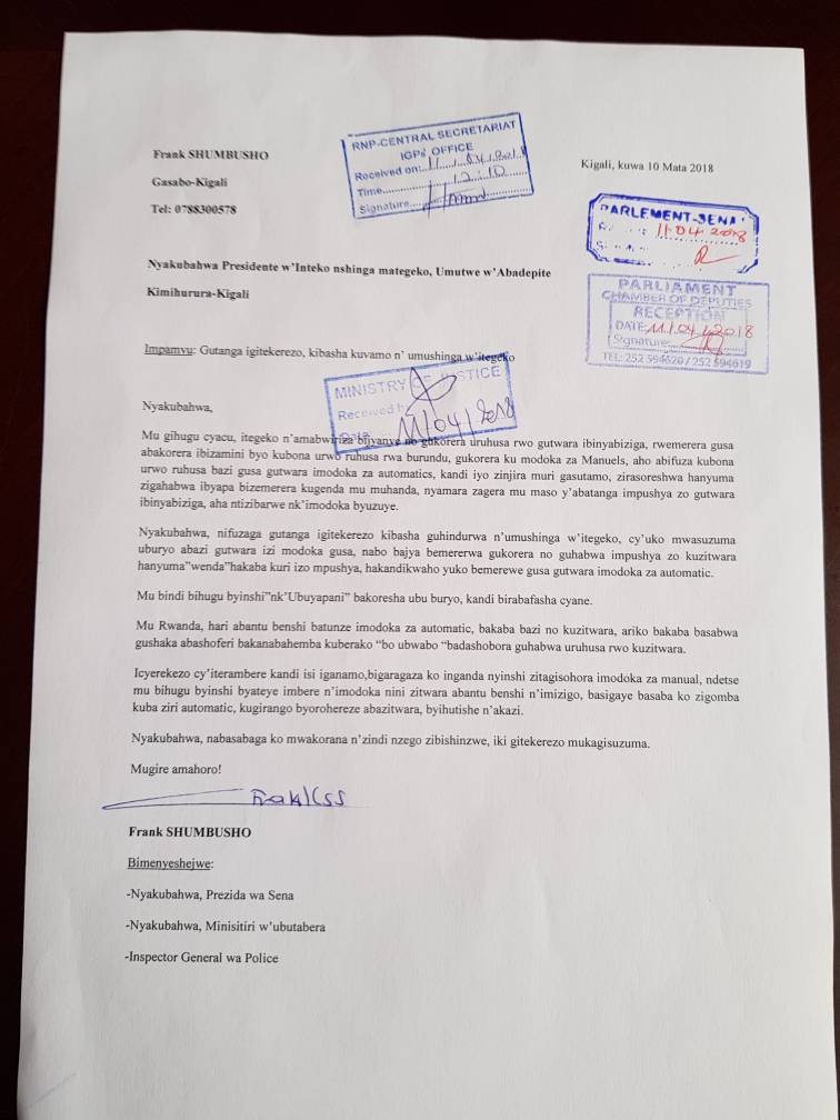 Ibaruwa y'ubusabe, Shumbusho yandikiye Inteko Ishinga Amategeko, Umutwe w'Abadepite